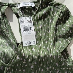 Mango Olive Floral Textured A-Line Midi Dress US 8 NWT V-Neck Fluid Fabric